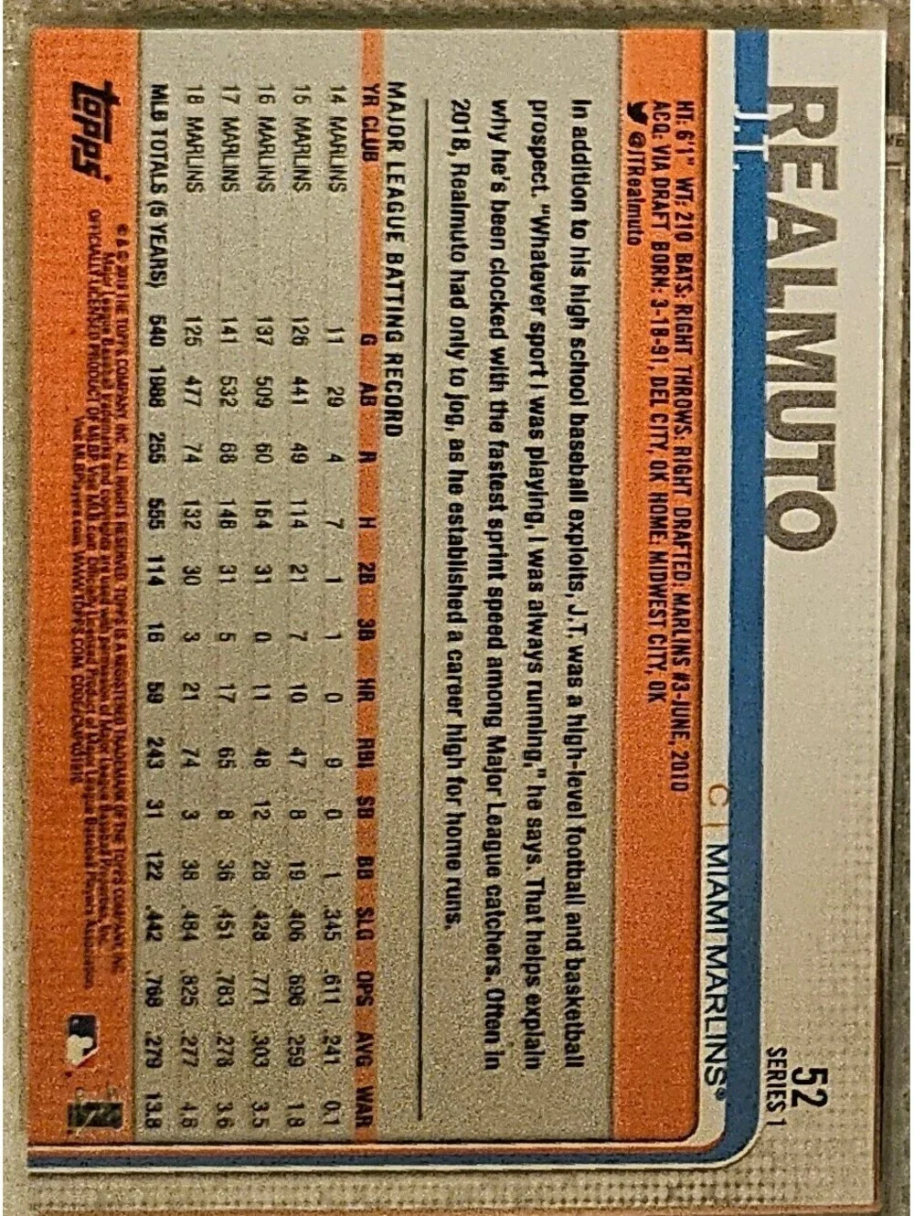 2019 Topps #52 - J.T. Realmuto - Miami Marlins